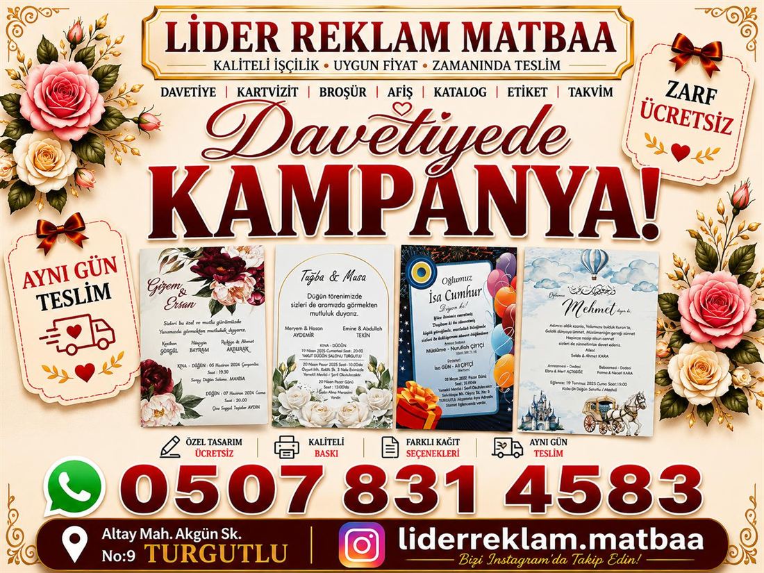 Turgutlu davetiye baskı örnekleri - düğün nikah davetiyesi Lider Ofset
